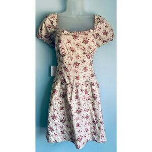 Petal & Pup Puff Sleeve Mini Cotton Sundress Medium Beige and Red NWT